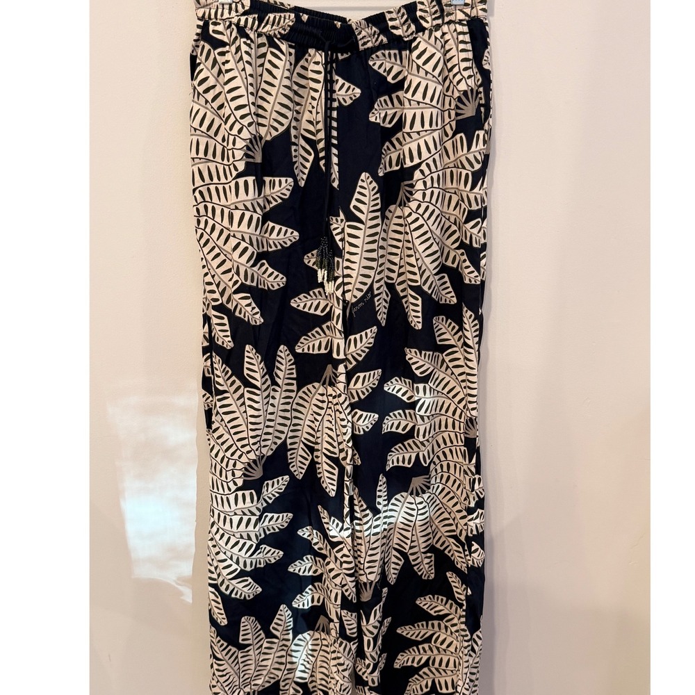 Farm Rio Anthropologie Womens Small Black Cream Tropical Leaf Wide Leg Pants NWT